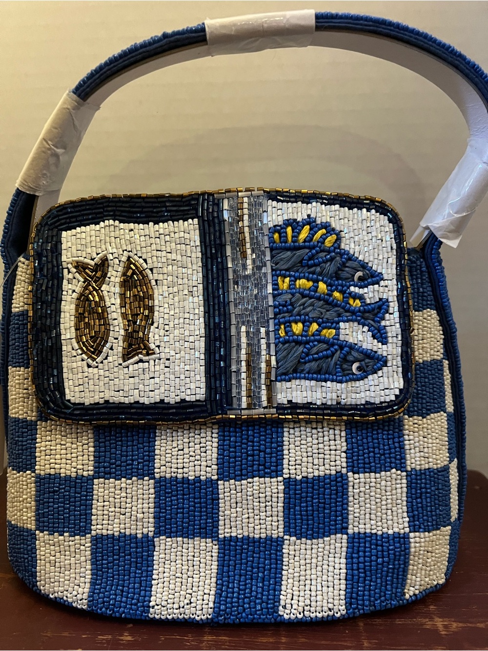 Blue & White Beaded Checkerbook Top-Handle Bag - Picture 4 of 6